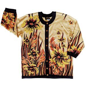 Vintage Bob Mackie Wearable Art Cardigan Floral Yellow Orange Gold Black Size S
